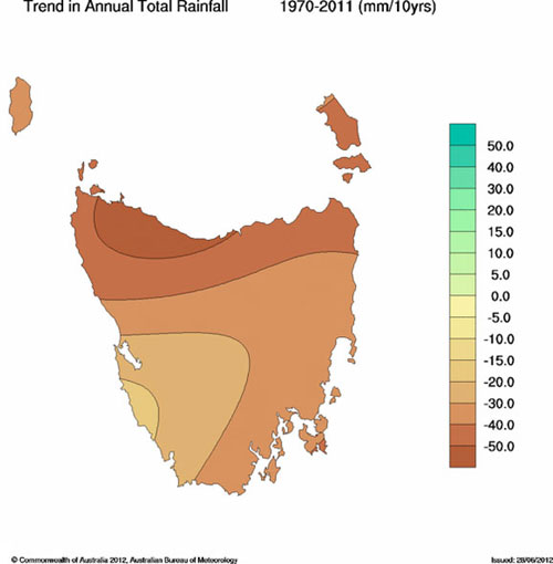 Rainfall map: Trend in annual rainfall from 1970 to 2011.