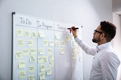 A man writes on a whiteboard set up as a Kanban Board. The whiteboard is split into sections titled ‘To Do’, ‘In Progress’, ‘Testing’ and ‘Done’. Each section has yellow sticky notes with writing on them.